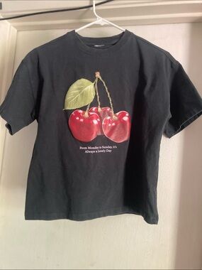 Zara Black Tee with Red Cherry Graphic